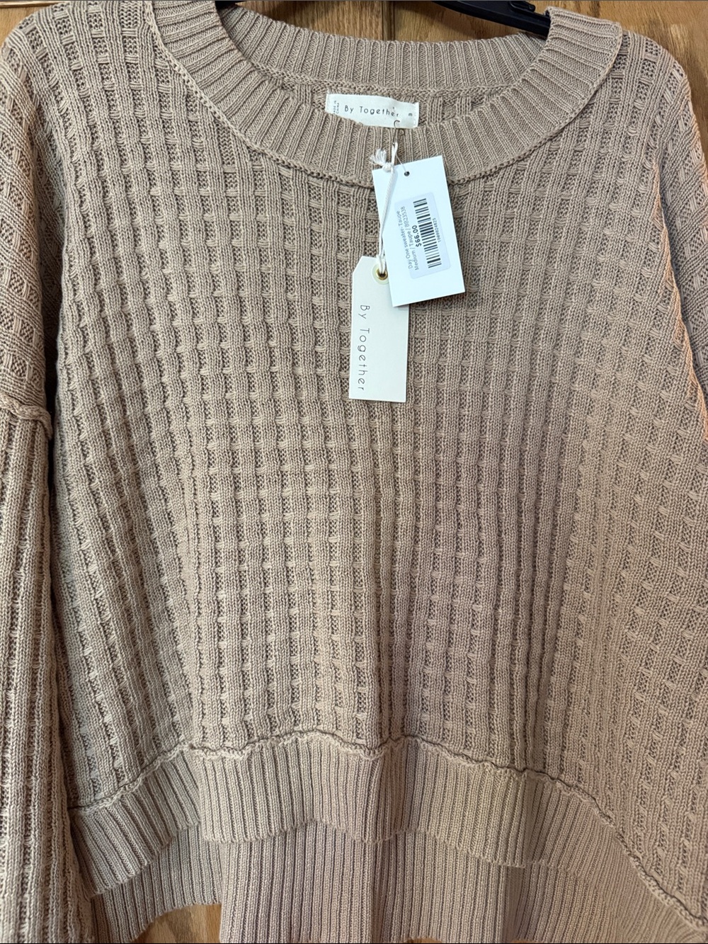 By Together Neutral Taupe Waffle Knit Crewneck Sweater